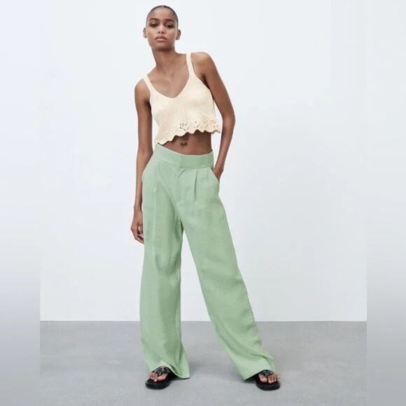 Zara High Waist Wide Leg Trousers Pants in Sea Green Size L - Picture 3 of 11